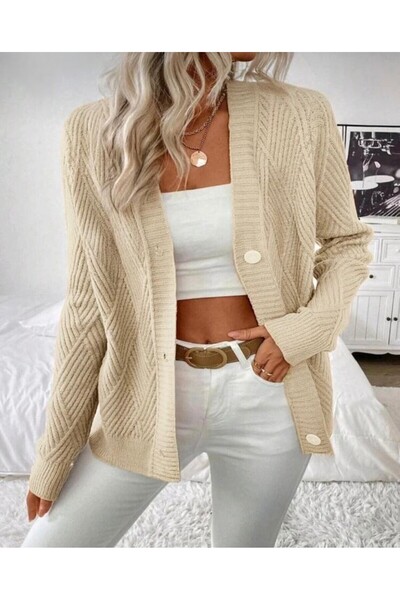 GNY TEXTİLE Buttoned Model Diamond Patterned Woven Detailed Long Sleeve Knitwear Cardigan