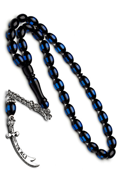OTTOTESBİH Men's Zulfiqar Sword Dark Blue Velvet Powder Amber Prayer Beads