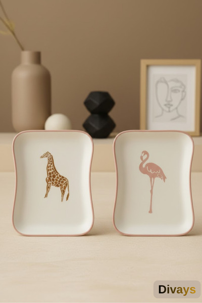 DİVAYS Set of 2 Giraffe & Flamingo Patterned Ceramic Plates | Breakfast & Toast Plate