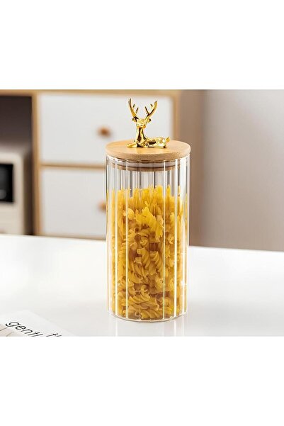 Qerhome 3-Piece Borosilicate Glass Jar with Gold Deer Figure and Bamboo Lid 750 ml