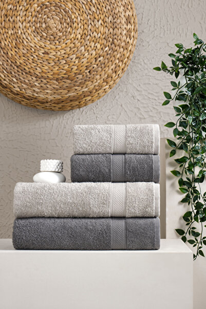 eumenia Softtouch 100% Cotton 4-Piece Bath Towel Set Turkish Bath and Dowry Set Anthracite - Gray