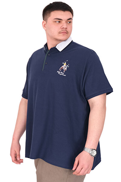 ModeXL Fashion XL Big Size Men's T-Shirt Polo Neck Embroidery Detail U25311 Indigo