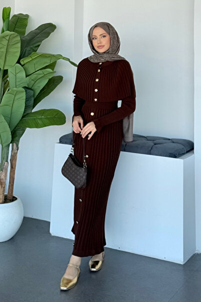 Şulemoda Giyim Çınar Cape Buttoned Suit Brown