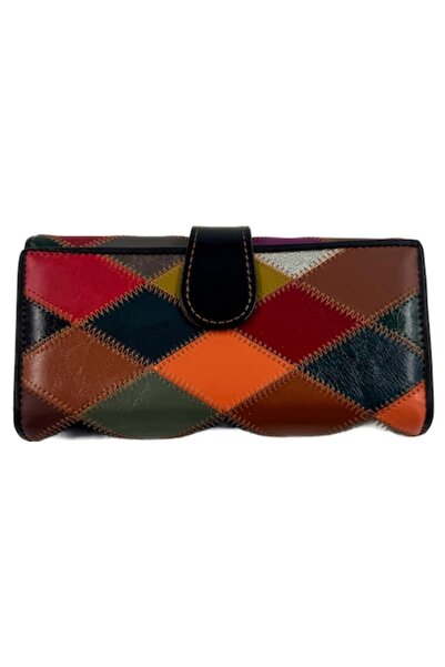 OEM Women's genuine leather patchwork wallet, multicolor, zipper & snap, 19.3x10x3 cm, black