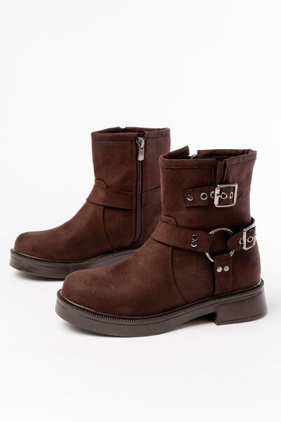 Zerenyus Zri̇n-2013 Brown Suede Daily Women's Boots with Buckle Accessories and Zipper