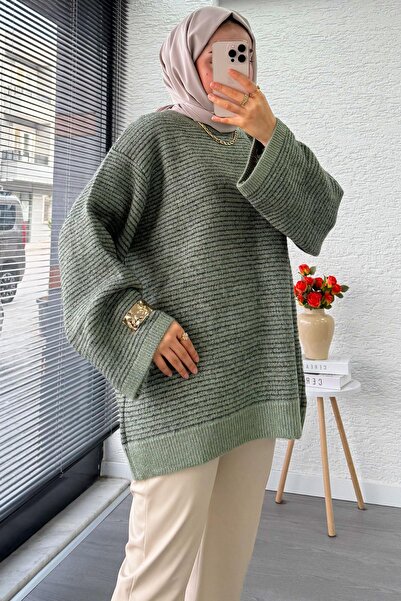 MELEK ARAZ Оверсайз дамски плетен пуловер с преход Sim – мента