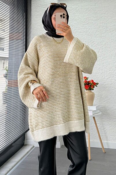 MELEK ARAZ Оверсайз дамски плетен пуловер с преход Sim – Екру