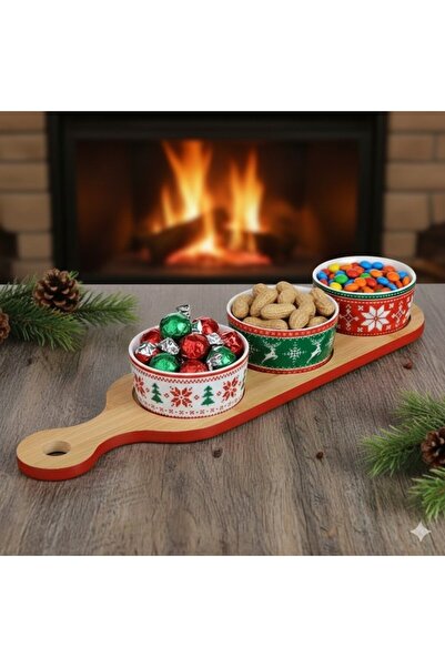 BREZIUM Set of 3 ceramic bowls with bamboo stand, Christmas theme, 38.5x120cm, red/white/green