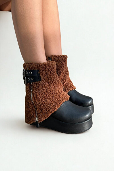 inizio Black Brown Fur Wedge Heel Women's Boots V4246