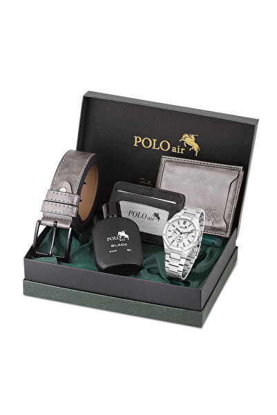 Polo Air Erkek Kol Saati Kemer Cüzdan Kartlık Parfüm Hediyelik Kutusunda Gümü...