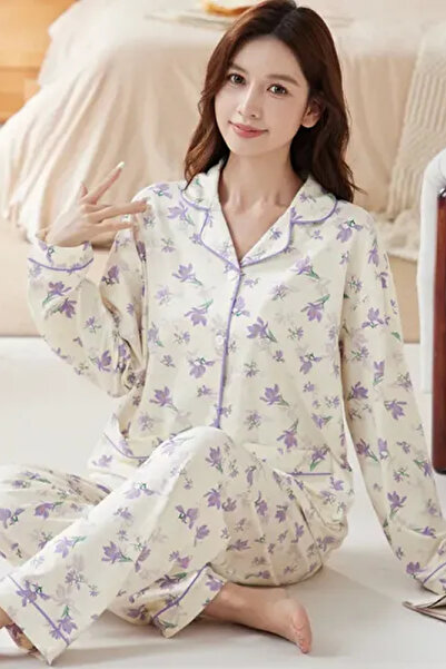 Muchmy Floral Pattern Button-Up Top High Waist Bottom Lounge Sleepwear 2 Pcs Womens Pajama Set