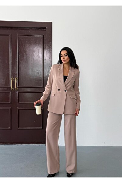 Afri Beige Women's Polly Viscon Set – 1St. Class Fabric Blazer Jacket & Palazzo Pants Double Suit