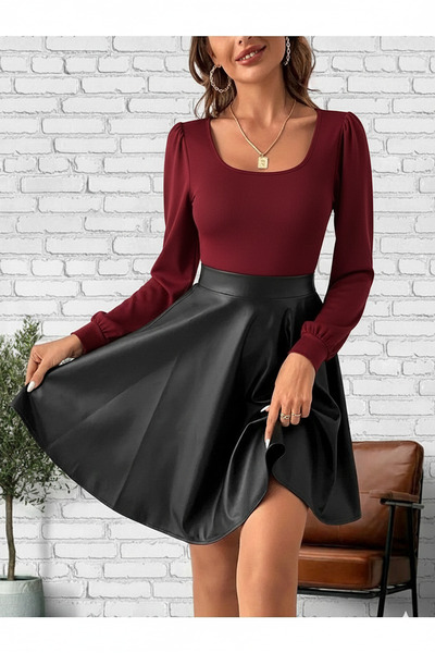 MaxiMor Γυναικείο φόρεμα με δερμάτινη φούστα σε χρώμα μπορντό (χωρίς ζώνη)