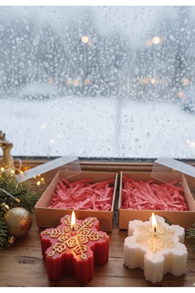 DRN Yılbaşı Kırmızı Ve Beyaz Kar Tanesi Mum Seti, Hediye Kutulu 2'li Set