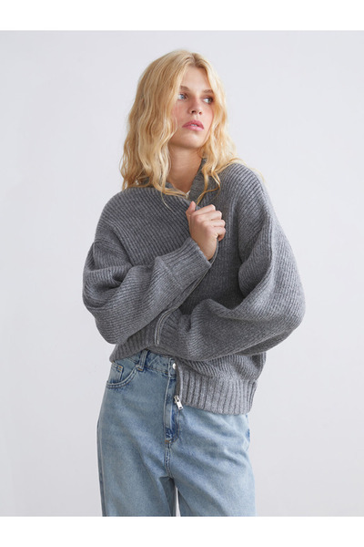 LC Waikiki Xside Gray College Collar Women's Knitwear Cardigan