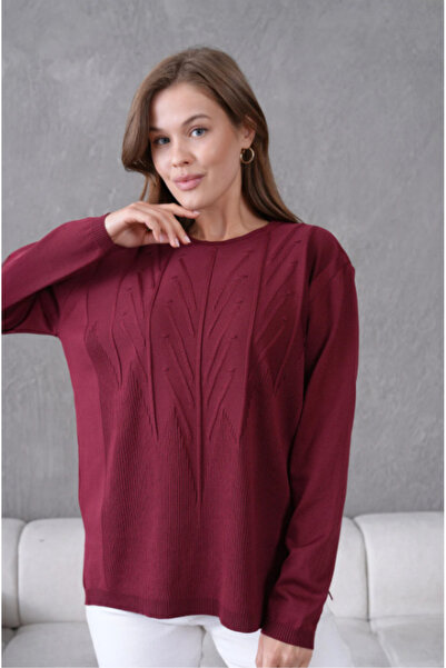 Stilmony Women's Minimal Line Embossed Thin Knitwear Round Neck Sweater