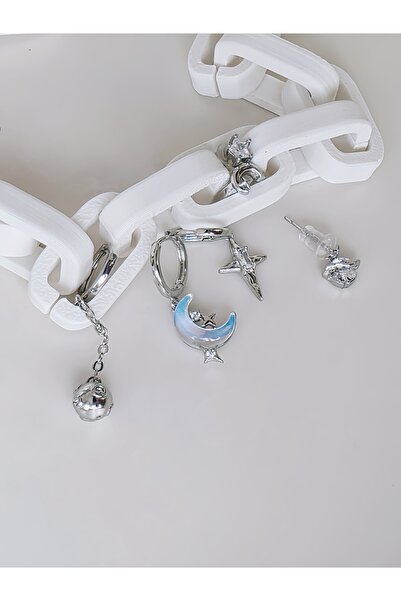 Özce Set of 6 Silver Color Earrings with Moon, Planet and Star Figures