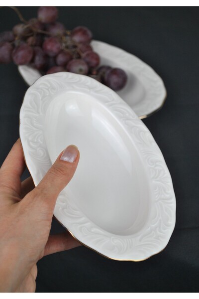 Qualitev 6-Piece Gold Gilded Porcelain Boat Plate 12X19 cm Presentation Plate Medium Size