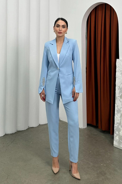 ZF BUTİK Women's Stone Detailed Double Pipe Leg Blazer Jacket Pants Set