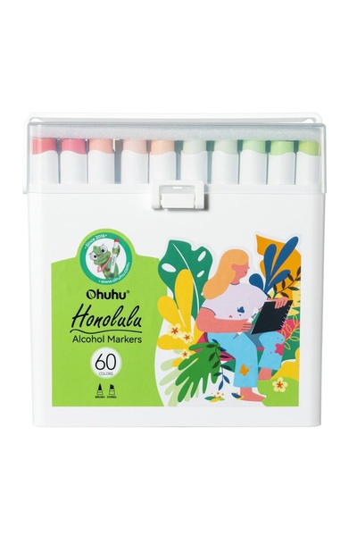 Ohuhu Honolulu Set of 60 Markers, Alcohol Based, Dual Tips Brush&Chisel, Multicolor