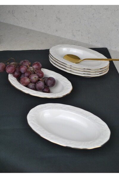 Qualitev 6-Piece Gold Gilded Porcelain Boat Plate 12X19 cm Presentation Plate Medium Size