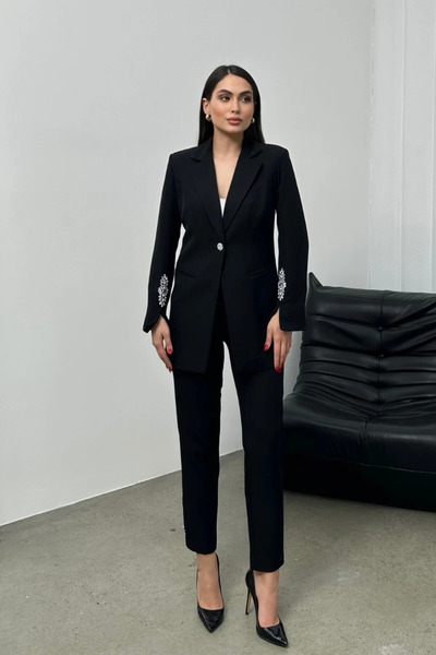 ZF BUTİK Women's Stone Detailed Double Pipe Leg Blazer Jacket Pants Set