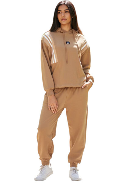 İrem Çocuk Giyim Girl's Stripe Striped Detail Hooded Jogger Model Light Brown...