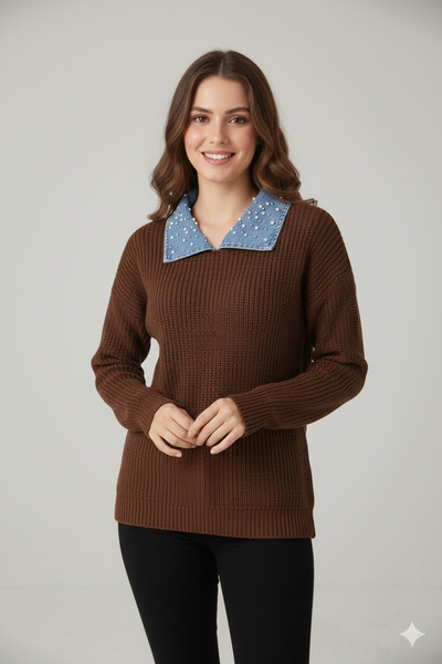 trendalisse Women's Collar Pearl Design V-Neck Thessaloniki Knitted Sweater