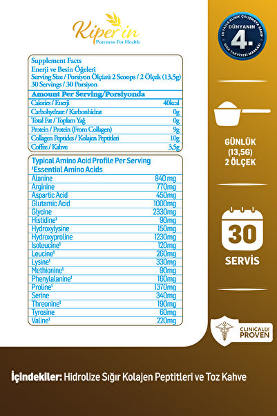 Kiperin Coffee Collagen | Double Hydrolyzed 100% Pure and Natural Powder Collagen Peptides with Coffee | 30 Days