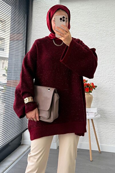 MELEK ARAZ Оверсайз дамски плетен пуловер с преход Sim – бордо