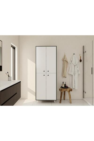 Masif Market Vadi Çok Amaçlı Banyo/Kiler Dolabı Koyugri-Beyaz Renk