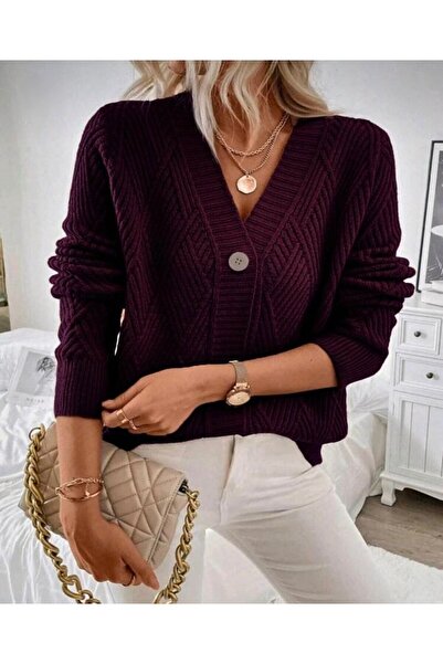 GNY TEXTİLE Buttoned Model Diamond Patterned Woven Detailed Long Sleeve Knitwear Cardigan