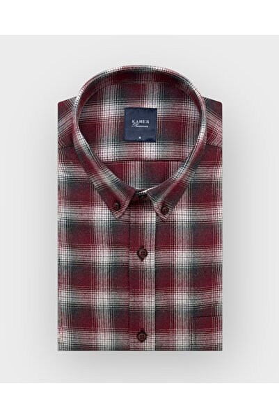 KAMER REGULAR FIT KIŞLIK UZUN KOLLU DÜĞMELİ YAKA EKOSE BORDO GÖMLEK 4042R