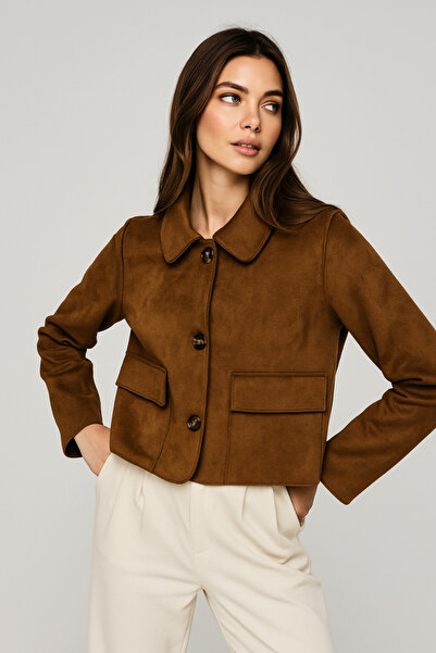 Rich Women's Brown Flap Patch Pocket Shirt Collar Buttoned Suede Jacket