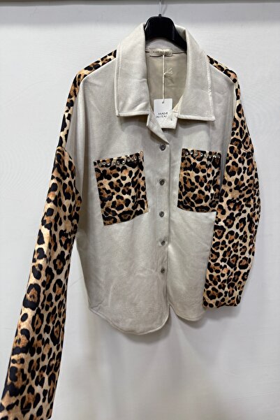 della moor Γυναικείο πουκάμισο από ιταλικό σουέτ εκρού Μπουφάν με λεοπάρ στάμπα με πέτρα στην τσέπη O oversized φαρδιά εφαρμογή