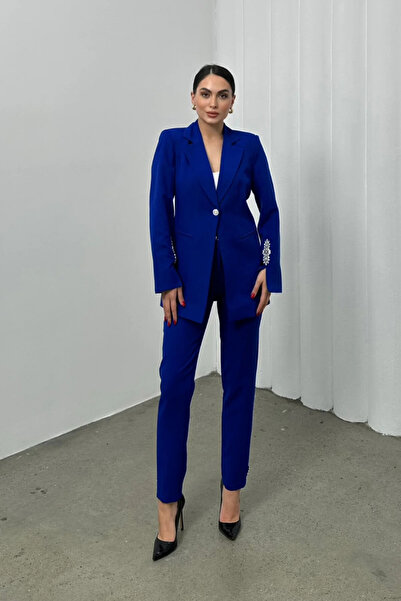 ZF BUTİK Women's Stone Detailed Double Pipe Leg Blazer Jacket Pants Set