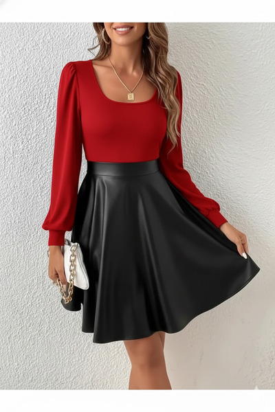 MaxiMor Γυναικείο φόρεμα με δερμάτινη φούστα (χωρίς ζώνη)