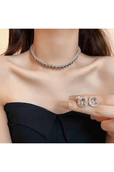 CRM Women's jewelry set, - luxury necklace and earrings with iridescent crystals, gold (adjustable)