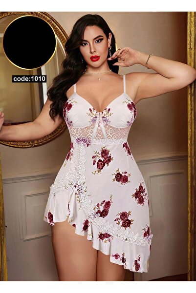 Nice Model Floral Lace Nightgown Mini Lingerie Adjustable Straps Ruffled Hem ...