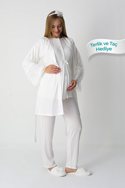 ERDENİZ TEKSTİL Σετ πιτζάμες εγκυμοσύνης με δαντέλα που διακοσμείται με βισκόζη - με παντόφλες και δώρο κορώνα