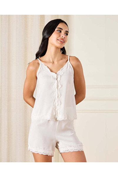 REDTAG Women Ivory Satin Cami Set With Lace Details ( 2 Piece)