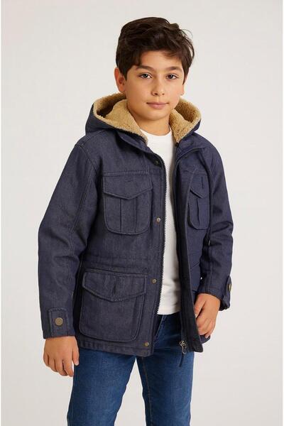 Biricik Erkek Çocuk Kapüşonlu İçi Pelüş Astarlı Cepli Trenç Ceket