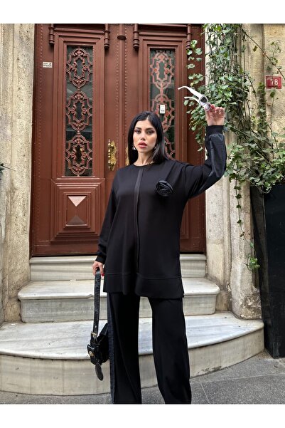 Moda İkra Women's Top and Bottom Set with Rose Detail at the Collar and Slit Details on the Sides.