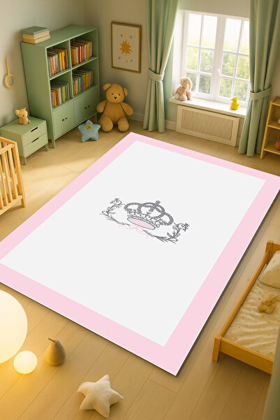 Kessy Home Studio Pembe Taç Desenli Çocuk Oda Halısı Makinede Yıkanabilir Kay...