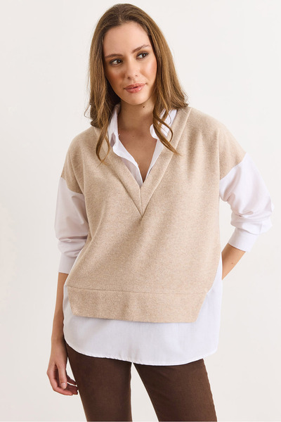 Olalook Women's White Stone Thessaloniki Shirt Detailed Comfortable Fit Blouse Blz-19003111