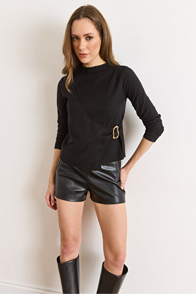 Olalook Bluză drapată din Săloniki, neagră, pentru femei, cu guler ridicat accesorii BLZ-19003163