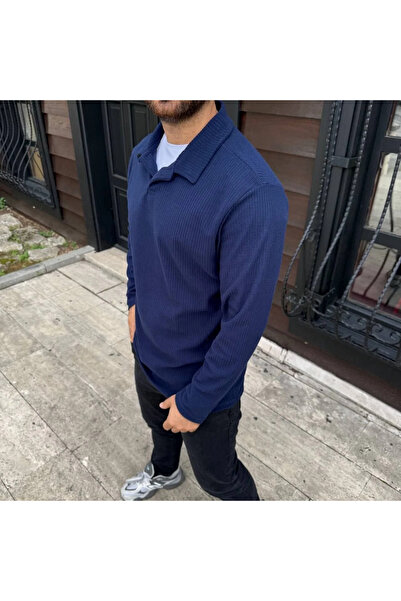 Exbob Men's Corded Fabric Fleece Sweatshirt – Buttonless Polo Collar, Oversized Comfortable Fit, Thick Fleece Fabric,