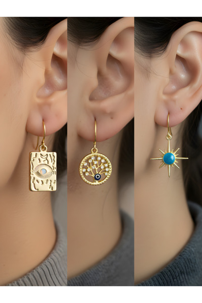 TURBİJ مجموعة أقراط نسائية من Eye Life Tree Blue Sun مكونة من 3 قطع