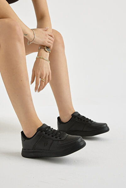 Tonny Black Women's Black Thick Faylon Sole Plain Patterned Lace-Up Sports Shoes