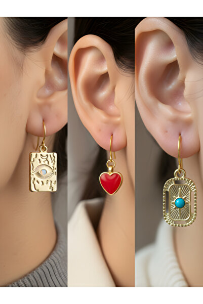 TURBİJ طقم أقراط نسائية من ثلاث قطع على شكل قلب أحمر وتركواز بيضاوي